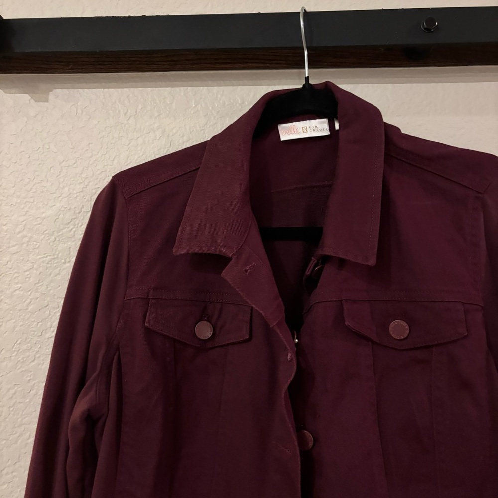 ❗️FINAL❗️Belle by Kim Gravel Burgundy Mixed Textile Jean Jacket 8 - Picture 3 of 7